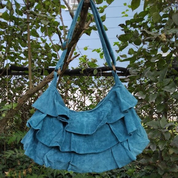 Unbranded Handbags - Lizden Leather Suede Ruffled Women's Hobo Convertible Bag Purse Teal Turquoise